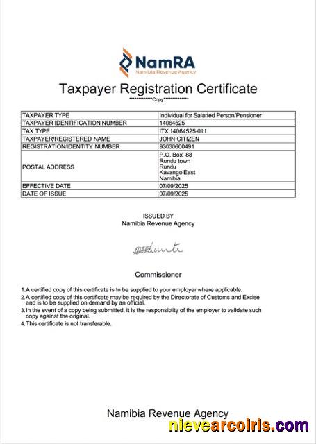 Namibia taxpayer registration certificate